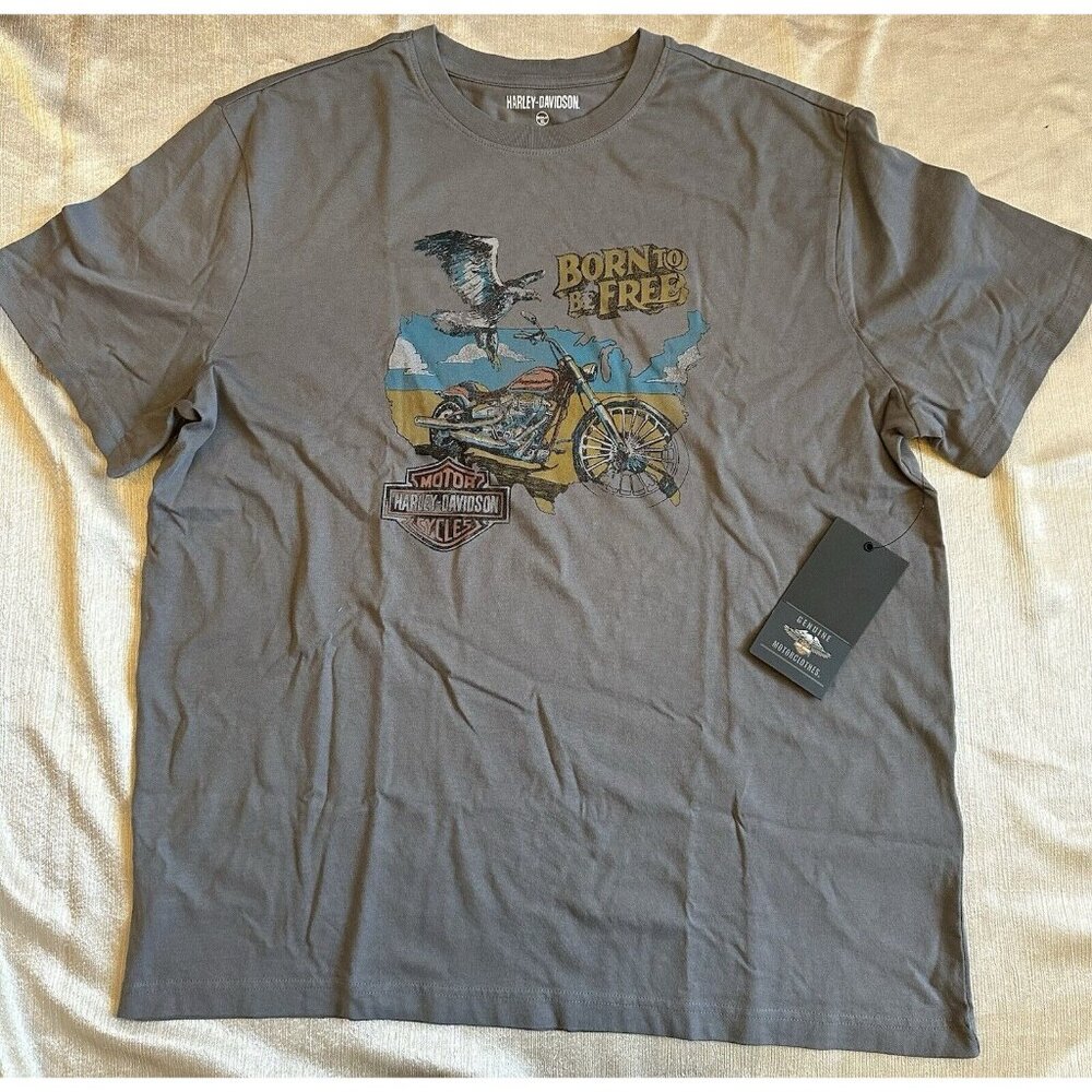 NEW Harley Davidson T-Shirt Mens XL Born To Be‎ Free Grey Gray Eagle Bike